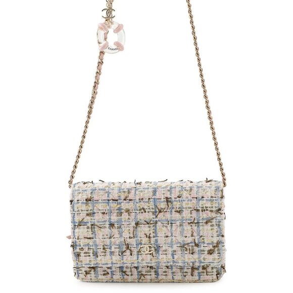 CHANEL Matelasse Tweed Chain Wallet Tweed White/Pink/Blue A33814 - Picture 1 of 14